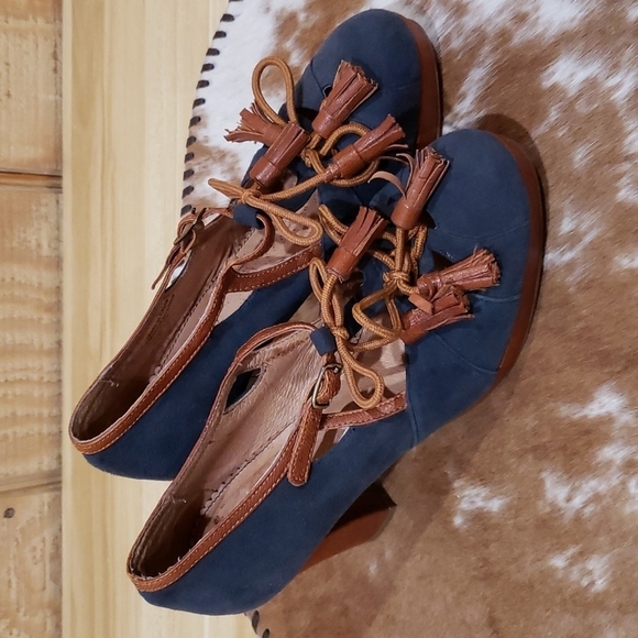 Anthropologie Miss Albright Navy Blue Suede Lace Up Heels Size 6 - Picture 1 of 7